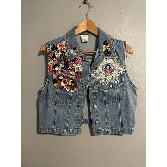 Old Navy Jackets & Blazers - VTG Old Navy Vest Womens Medium Denim Button Lace Quilted Embellished Boho 90s